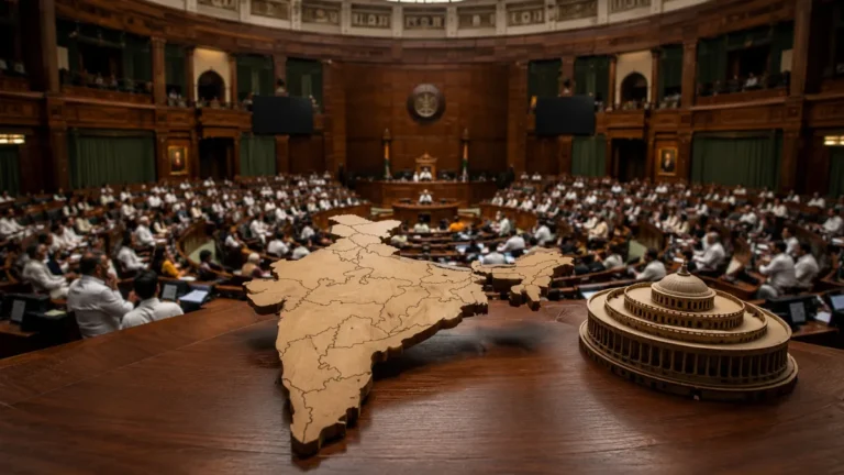 Wooden map of India and Parliament model inside a legislative chamber, representing the 2026 Delimitation Bill and proposed Lok Sabha seat changes