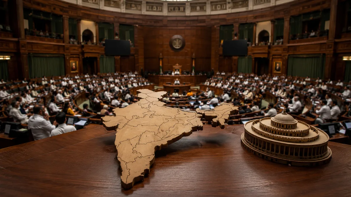 Wooden map of India and Parliament model inside a legislative chamber, representing the 2026 Delimitation Bill and proposed Lok Sabha seat changes