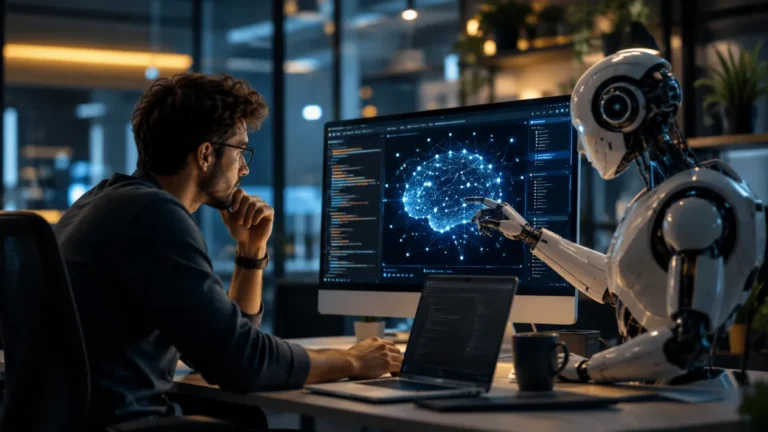 Developer using Claude Opus 5 for advanced AI coding and analysis in a modern tech workspace.