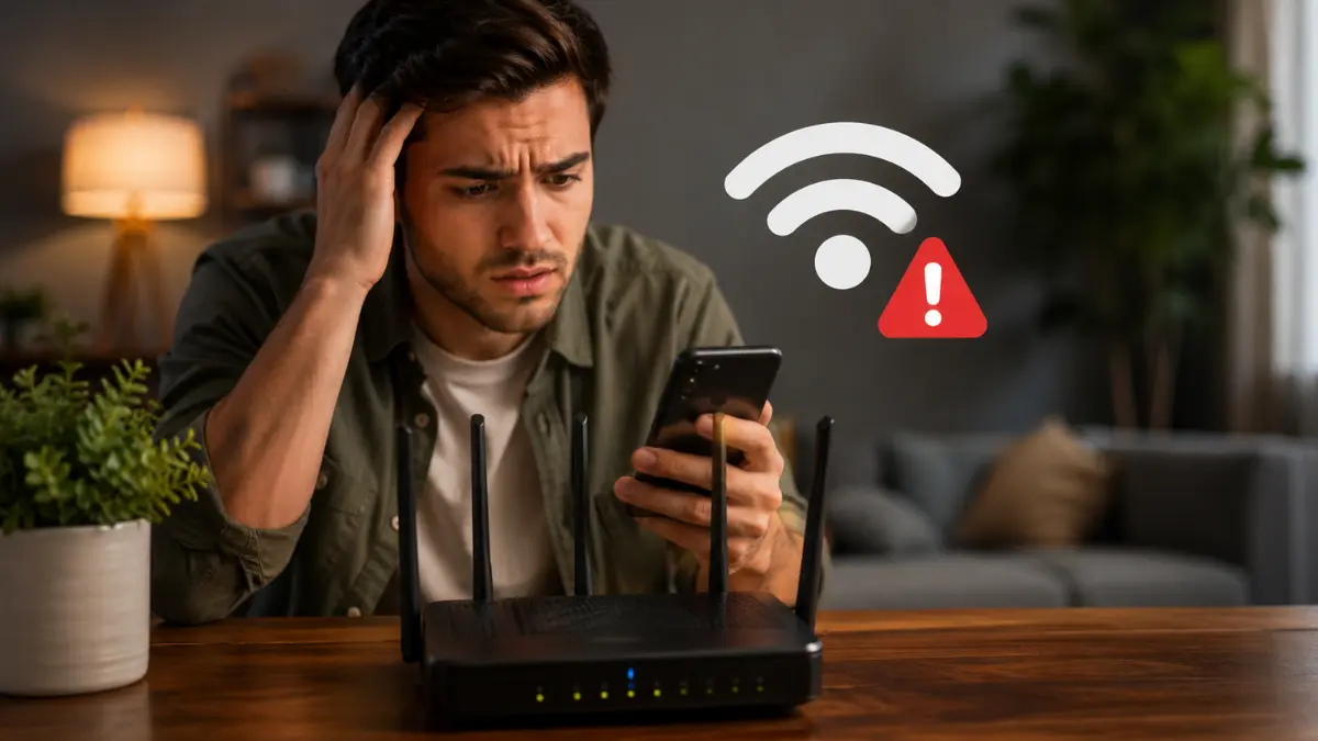 Frustrated man checking his phone beside a home Wi-Fi router after the internet connection drops.