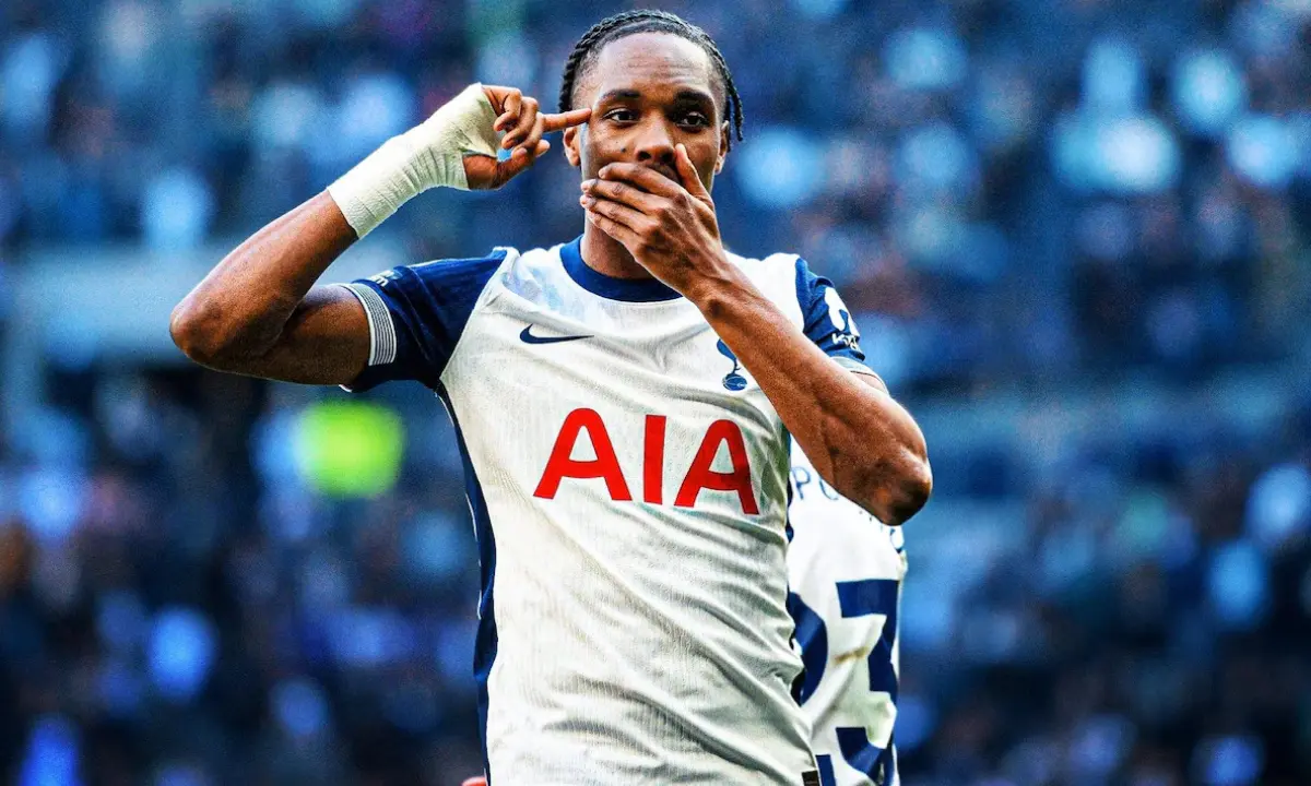 Mathys Tel playing for Tottenham Hotspur after scoring a free kick against Sydney FC.