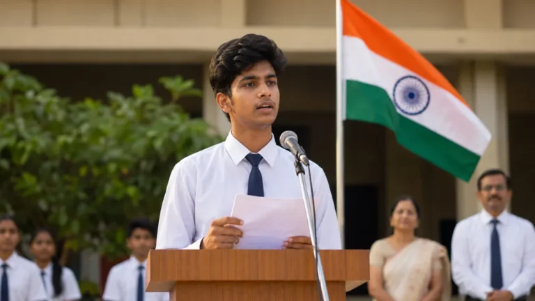 Senior-secondary student delivering a two-minute Independence Day speech at a school ceremony beside the Indian flag.