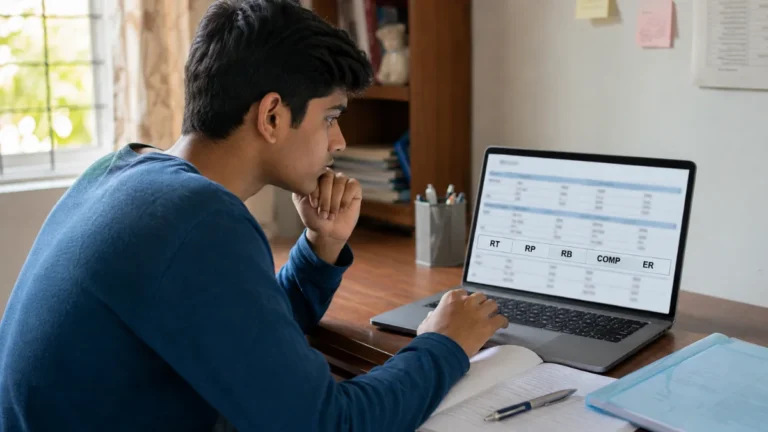 Indian Class 12 student reviewing RT, RP, RB, COMP and ER codes on a laptop result page