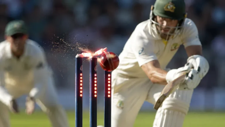 Red cricket ball clipping the stumps during an LBW appeal, illustrating the DRS 50% rule and Umpire’s Call.