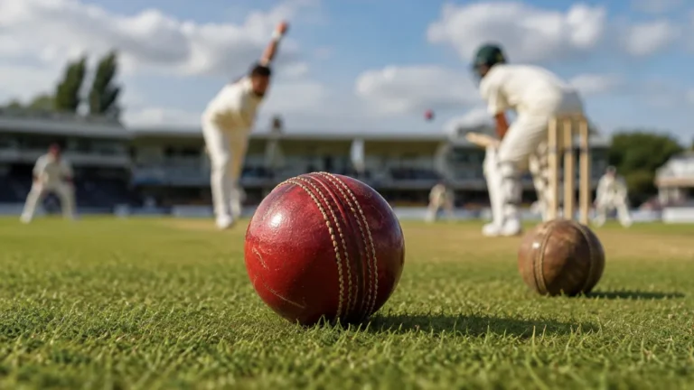 New red cricket ball beside a worn old ball during a Test match, illustrating the optional ball change after 80 overs.