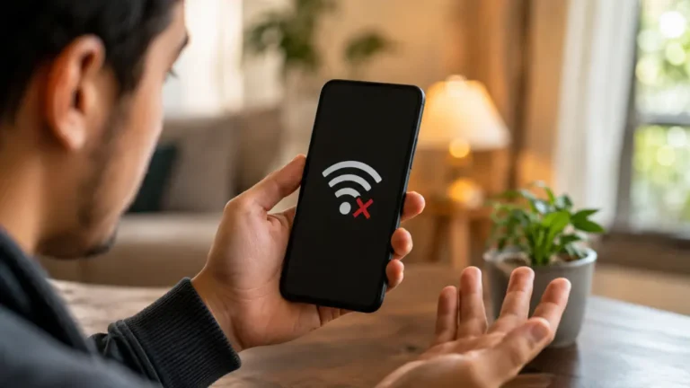 Android user checking a phone with a Wi-Fi connection error while troubleshooting a Private DNS server issue.