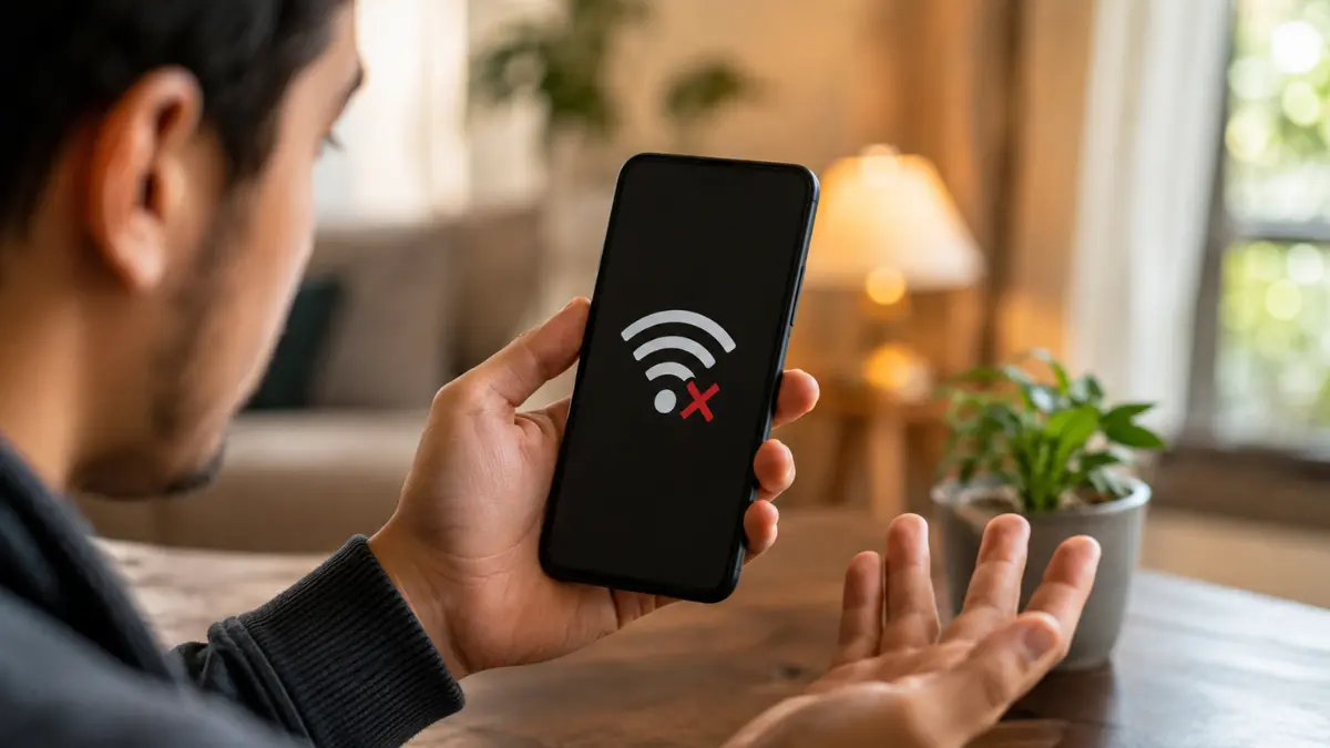 Android user checking a phone with a Wi-Fi connection error while troubleshooting a Private DNS server issue.