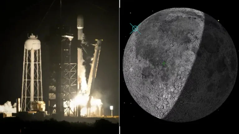 Editorial illustration of a spent SpaceX Falcon 9 upper stage approaching the Moon before its August 2026 impact