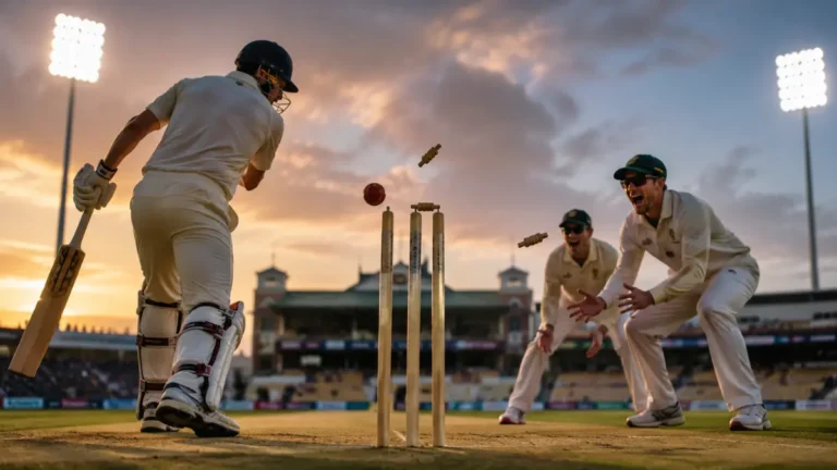 Cricket batter dismissed near stumps as fielders appeal during the final over of the day under fading evening light.