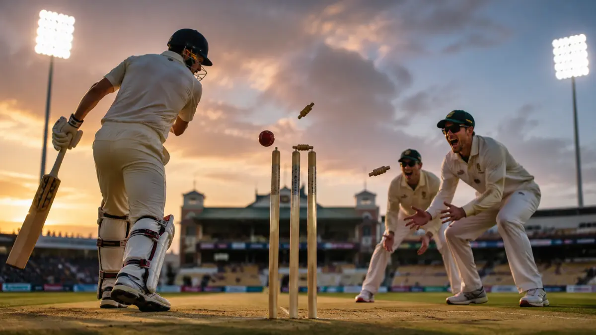 Cricket batter dismissed near stumps as fielders appeal during the final over of the day under fading evening light.
