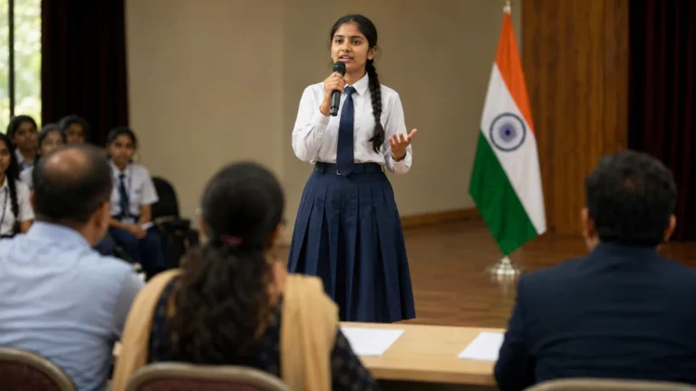 Senior-secondary student delivering a Yuva Shakti Independence Day speech before judges at a school competition.