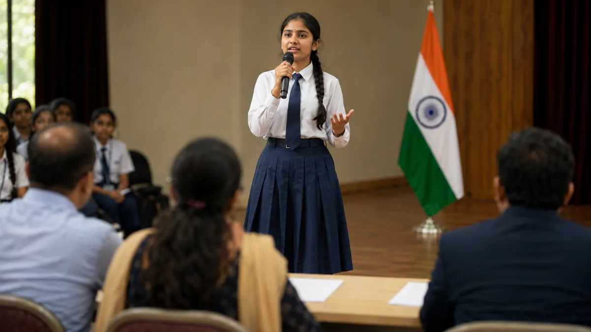 Senior-secondary student delivering a Yuva Shakti Independence Day speech before judges at a school competition.